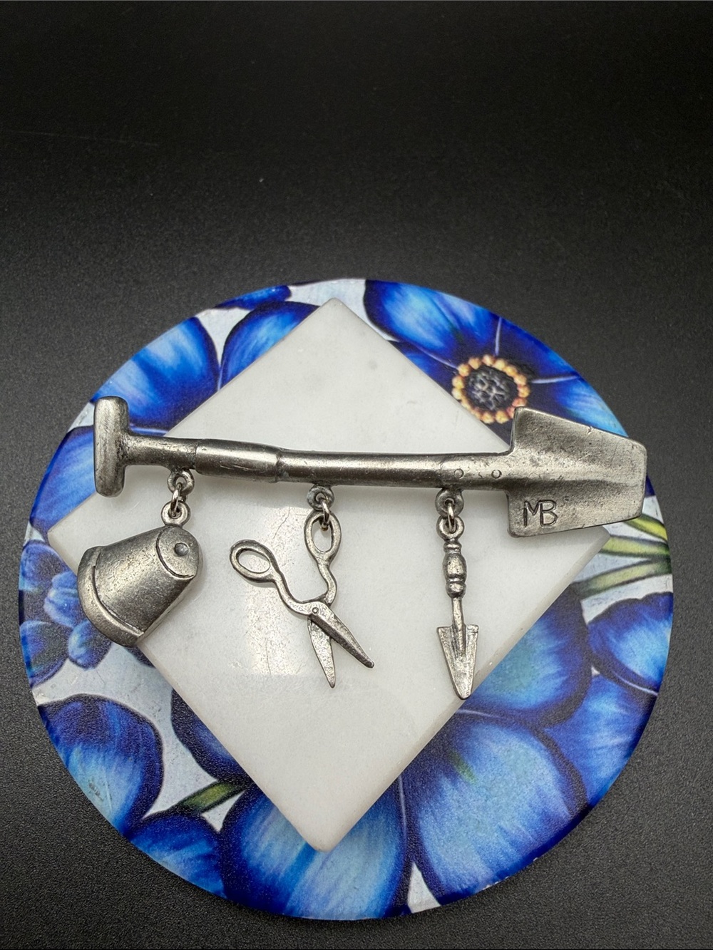 Vintage Marjolein Bastin silver-tone pewter gardening brooch #575